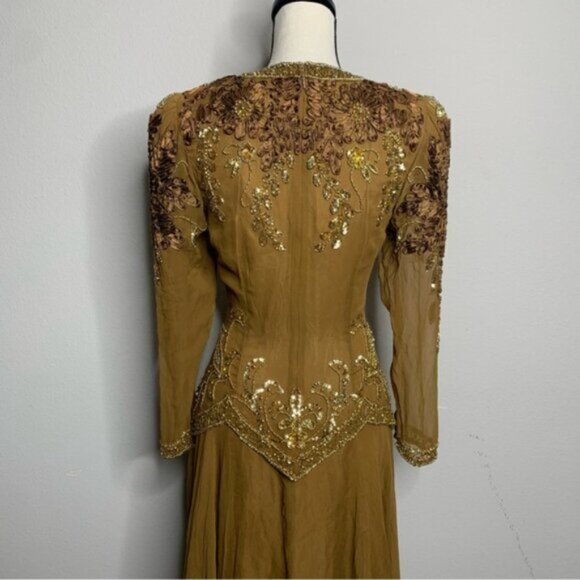 Isabella Vintage Silk Golden Sequin Beaded Embellished Evening Gown - Picture 12 of 16